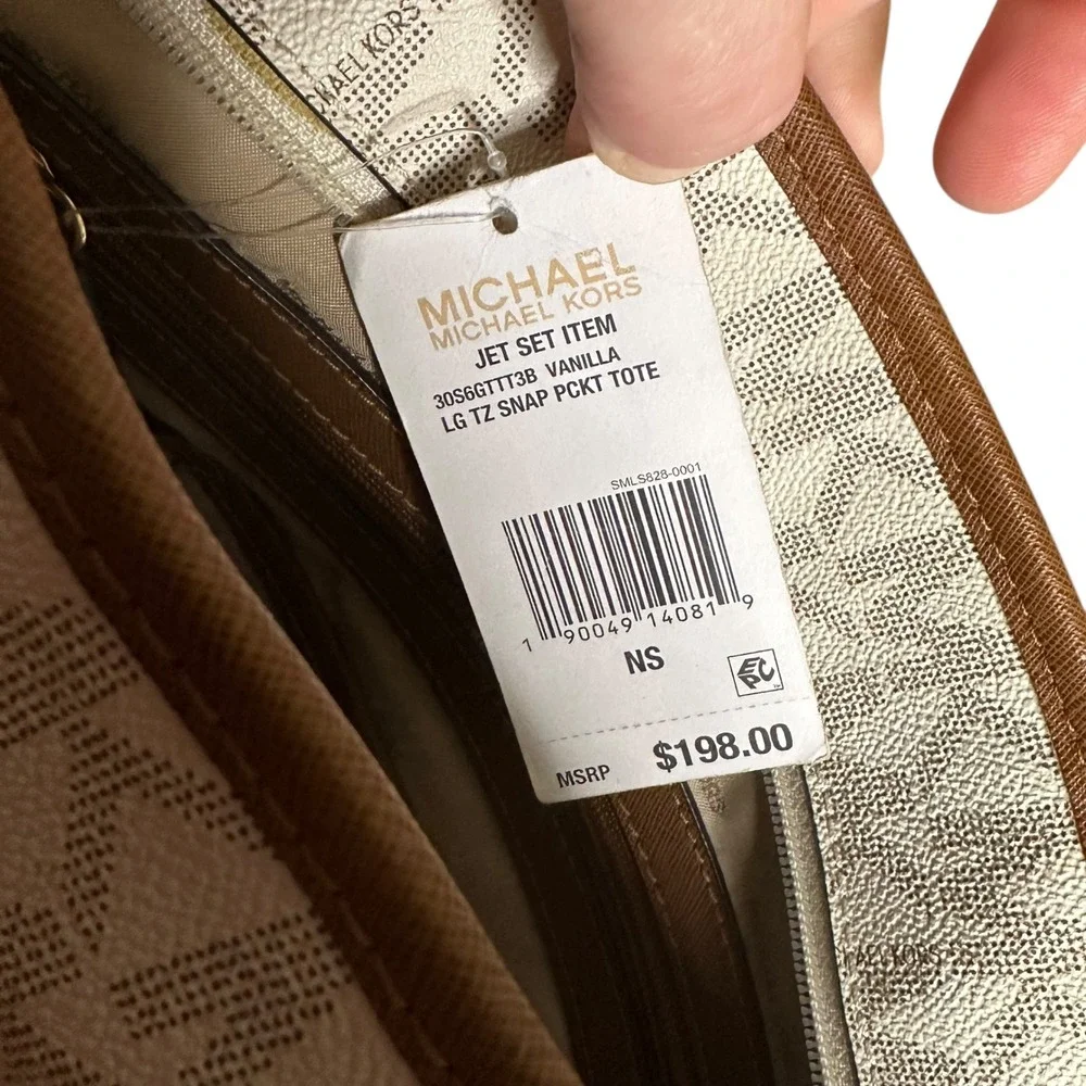 Michael Kors Vanilla MK Signature Logo Jet Set Tote Bag Brown Leather Straps NWT - Picture 7 of 13